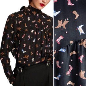 ZARA TRAFALUC Western Cowboy Boot Print Mock Tie Neck Oversized Blouse NWT sz XS